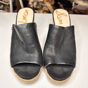 Sam Edelman Black Leather Open-Toe Espadrille Slide Mules